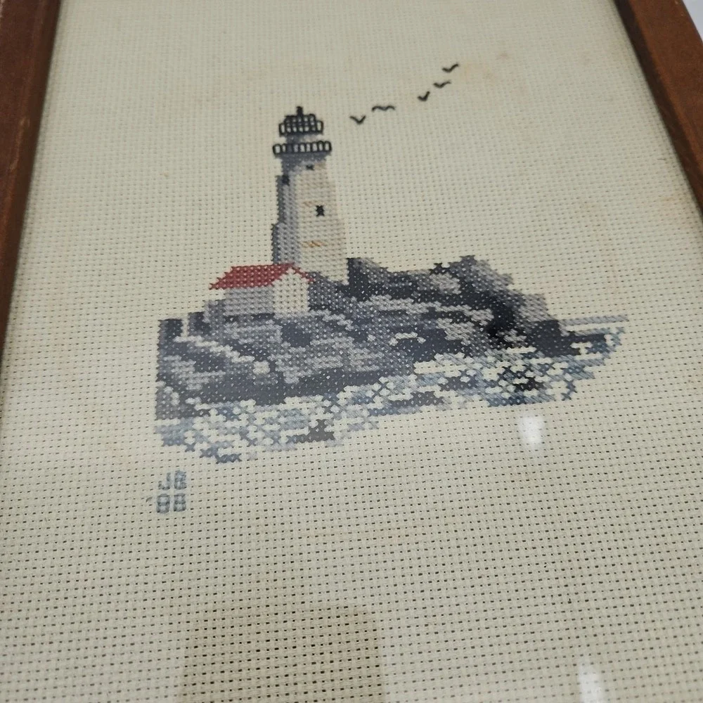 Vintage Lighthouse‎ Cross Stitch Framed Pictures Handmade 80s Set Of 2